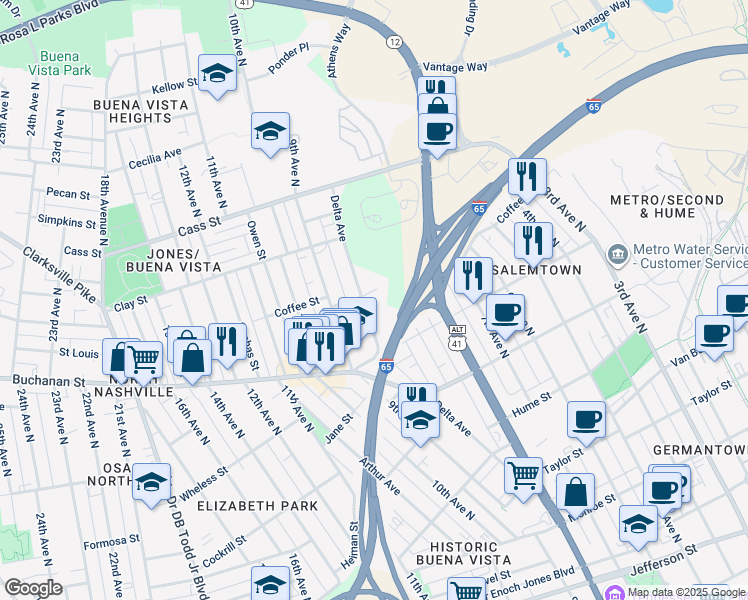 map of restaurants, bars, coffee shops, grocery stores, and more near 1822C Delta Avenue in Nashville