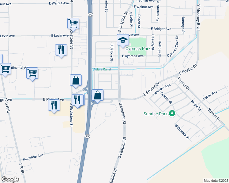 map of restaurants, bars, coffee shops, grocery stores, and more near 1465 Manzanita Avenue in Tulare