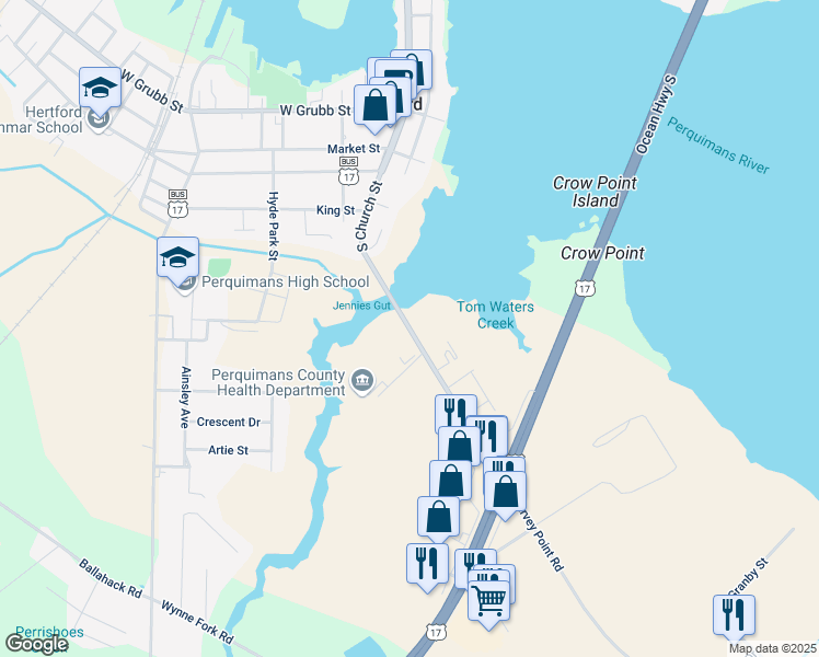 map of restaurants, bars, coffee shops, grocery stores, and more near 512 South Church Street in Hertford