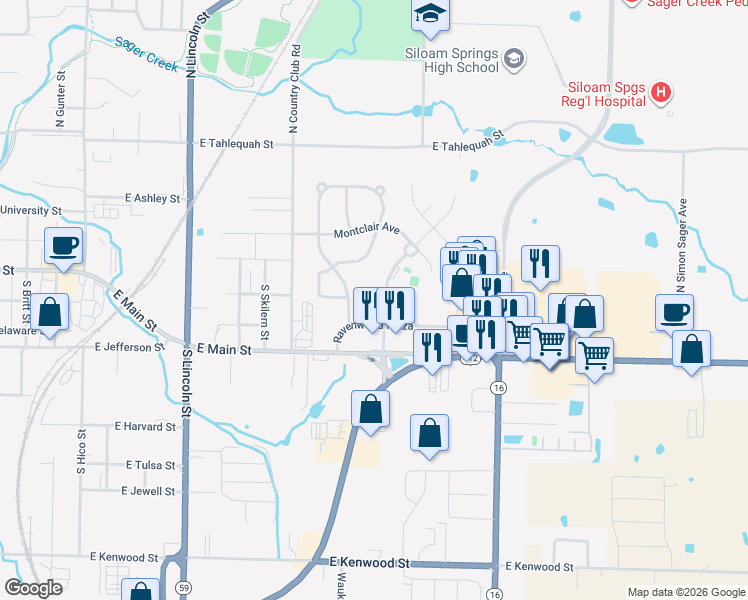 map of restaurants, bars, coffee shops, grocery stores, and more near 230 Ravenwood Road in Siloam Springs