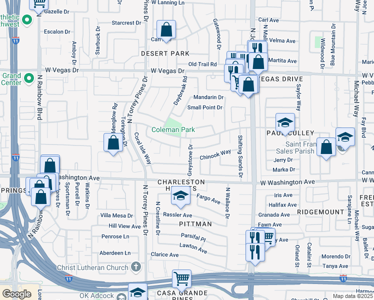 map of restaurants, bars, coffee shops, grocery stores, and more near 1100 Greystone Drive in Las Vegas
