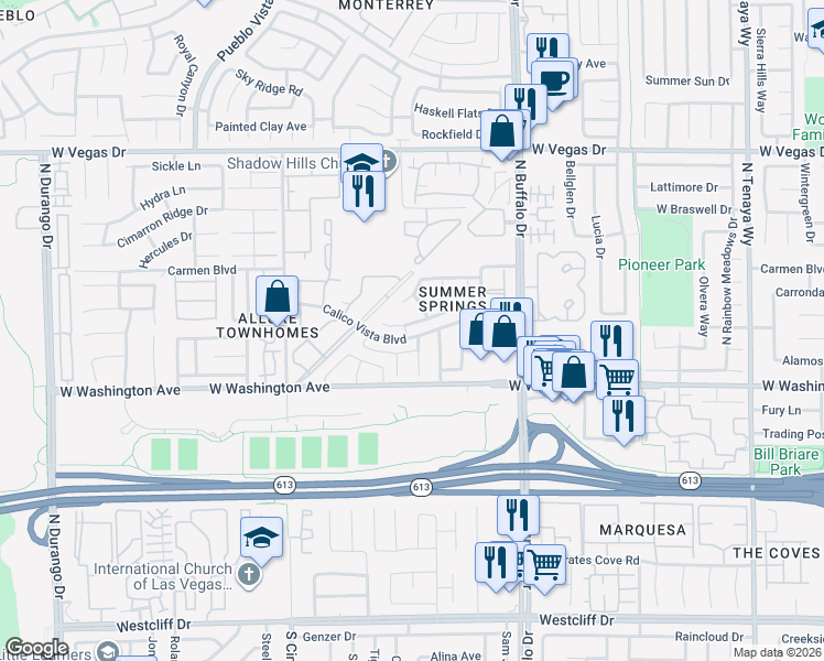 map of restaurants, bars, coffee shops, grocery stores, and more near 7901 Leavorite Drive in Las Vegas