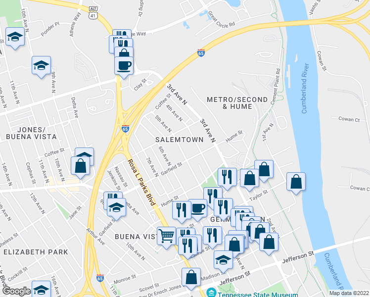 map of restaurants, bars, coffee shops, grocery stores, and more near 1712 5th Avenue North in Nashville
