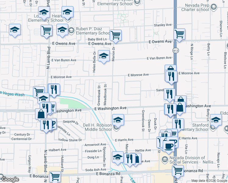 map of restaurants, bars, coffee shops, grocery stores, and more near 1105 Marion Drive in Las Vegas