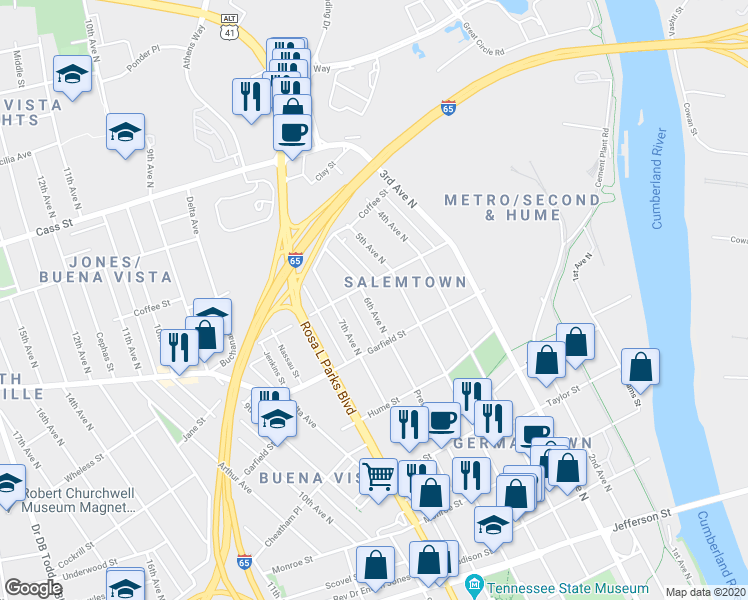 map of restaurants, bars, coffee shops, grocery stores, and more near 1726 6th Avenue North in Nashville