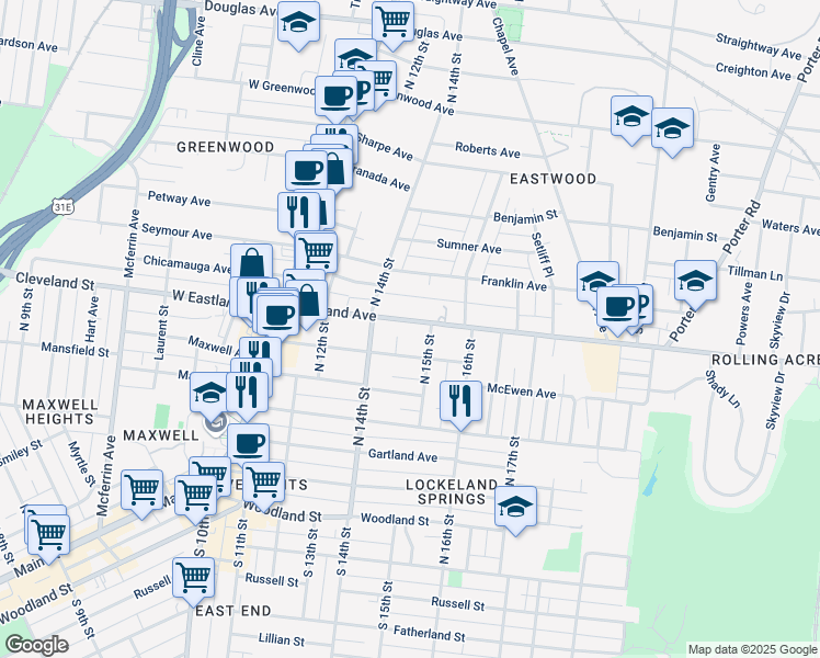 map of restaurants, bars, coffee shops, grocery stores, and more near 1410 Eastland Avenue in Nashville