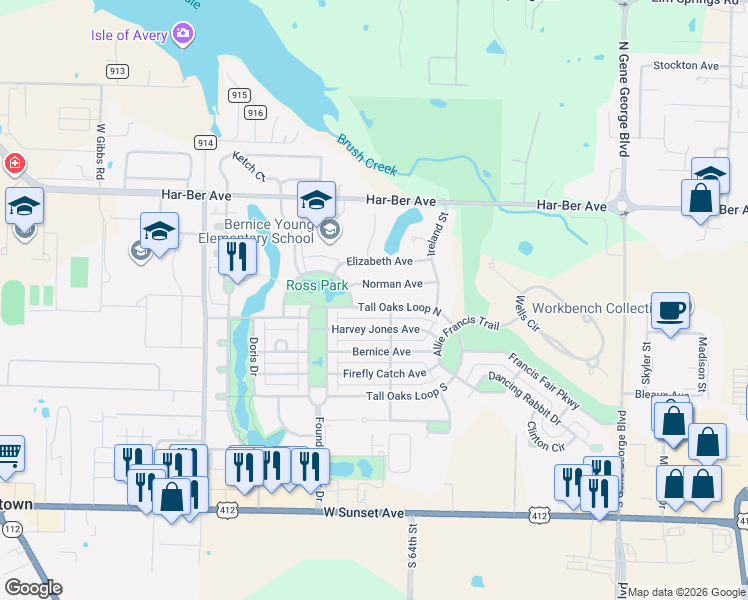 map of restaurants, bars, coffee shops, grocery stores, and more near 6546 Tall Oaks Loop North in Springdale