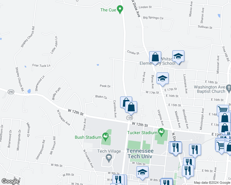 map of restaurants, bars, coffee shops, grocery stores, and more near 1279 Carolina Avenue in Cookeville