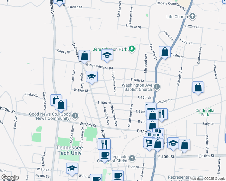map of restaurants, bars, coffee shops, grocery stores, and more near 1615 Louisiana Avenue in Cookeville