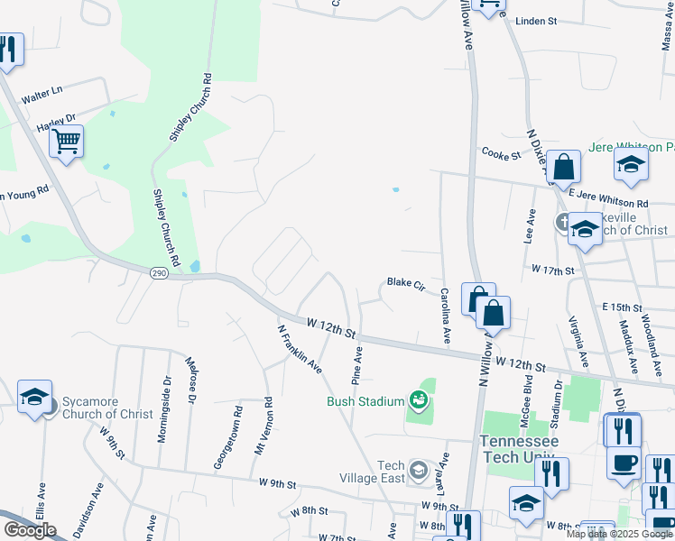 map of restaurants, bars, coffee shops, grocery stores, and more near 1295 East White Oak Drive in Cookeville