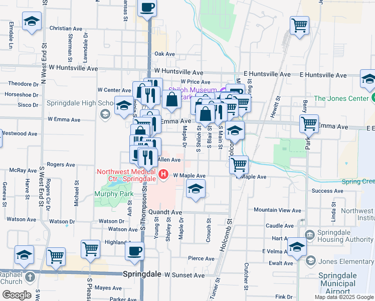 map of restaurants, bars, coffee shops, grocery stores, and more near 205 Main Street in Springdale
