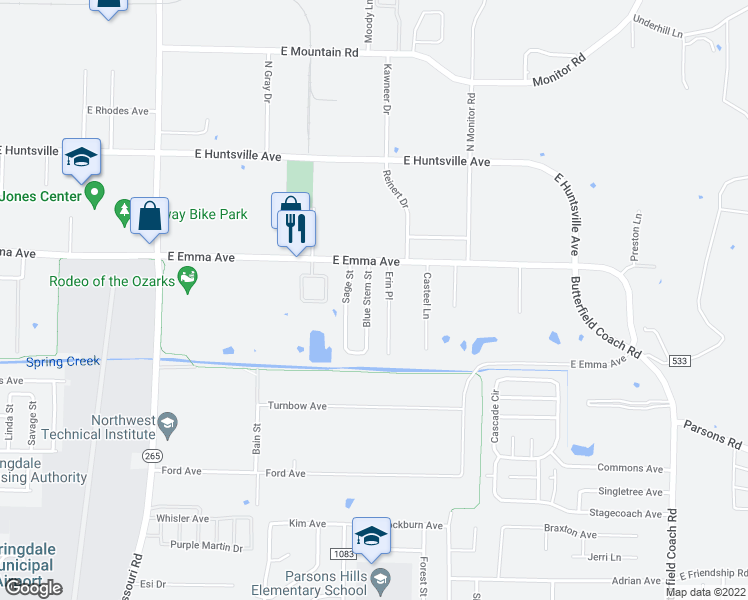 map of restaurants, bars, coffee shops, grocery stores, and more near 213 Blue Stem Street in Springdale