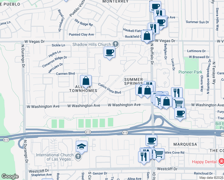 map of restaurants, bars, coffee shops, grocery stores, and more near 7917 Leavorite Drive in Las Vegas