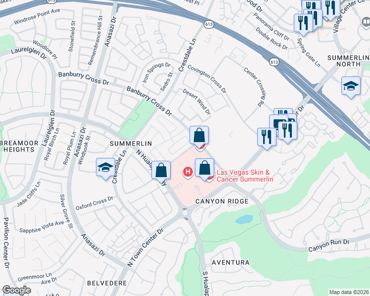 map of restaurants, bars, coffee shops, grocery stores, and more near 10105 Banburry Cross Drive in Las Vegas