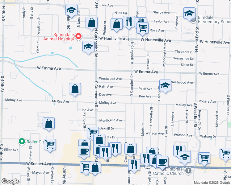 map of restaurants, bars, coffee shops, grocery stores, and more near 2008 Dee Avenue in Springdale