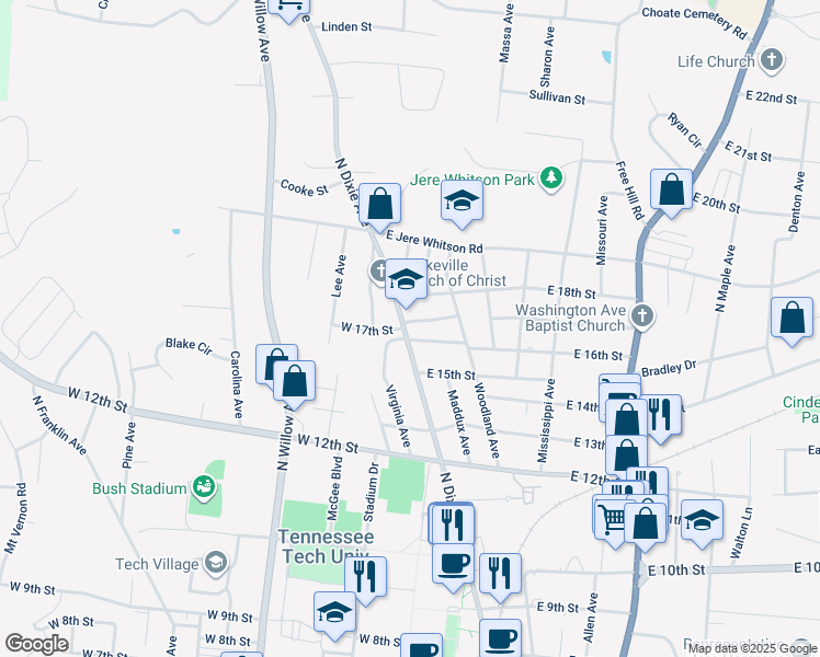 map of restaurants, bars, coffee shops, grocery stores, and more near 1615 North Dixie Avenue in Cookeville