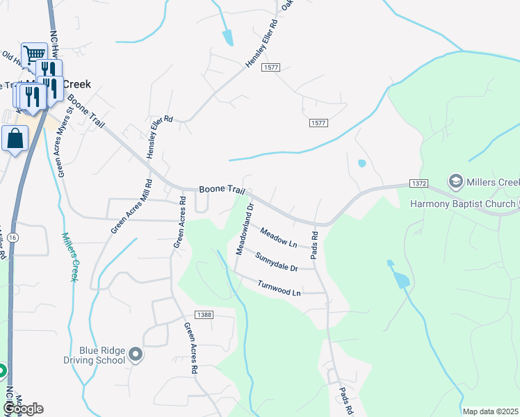 map of restaurants, bars, coffee shops, grocery stores, and more near 4501 Boone Trail in Millers Creek