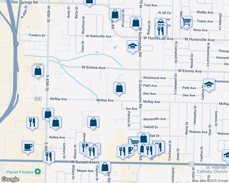 map of restaurants, bars, coffee shops, grocery stores, and more near 303 Angela Street in Springdale
