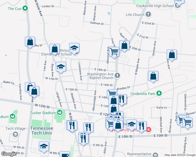 map of restaurants, bars, coffee shops, grocery stores, and more near 305 East 17th Street in Cookeville