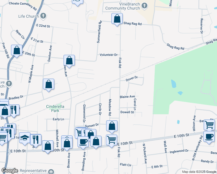 map of restaurants, bars, coffee shops, grocery stores, and more near 1394 Park Drive in Cookeville