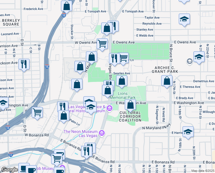 map of restaurants, bars, coffee shops, grocery stores, and more near 1150 Las Vegas Boulevard North in Las Vegas