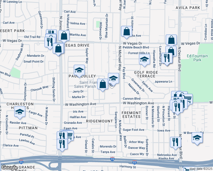 map of restaurants, bars, coffee shops, grocery stores, and more near 1111 Michael Way in Las Vegas