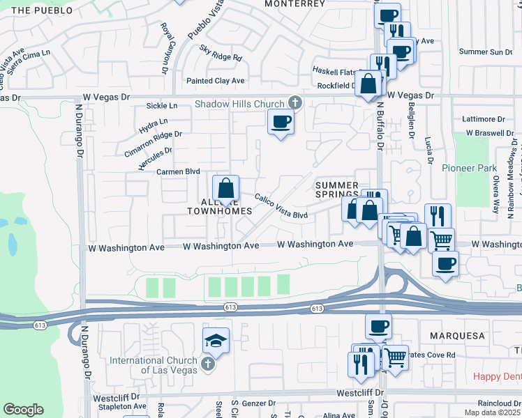 map of restaurants, bars, coffee shops, grocery stores, and more near 932 Falconhead Lane in Las Vegas