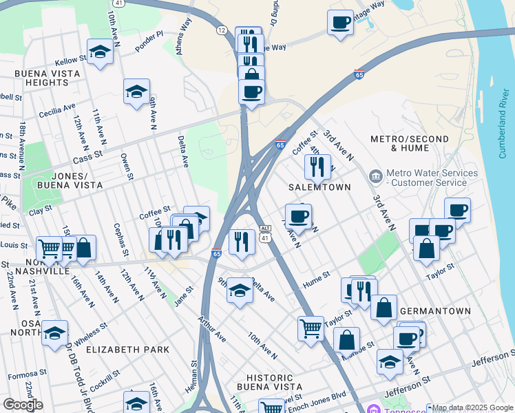 map of restaurants, bars, coffee shops, grocery stores, and more near 1806 Rosa L Parks Boulevard in Nashville