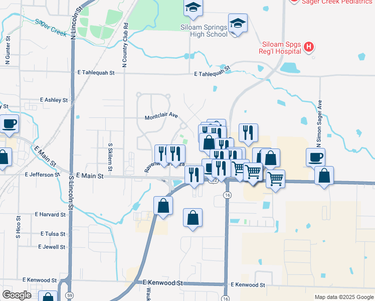 map of restaurants, bars, coffee shops, grocery stores, and more near 219 Plaza Ct in Siloam Springs