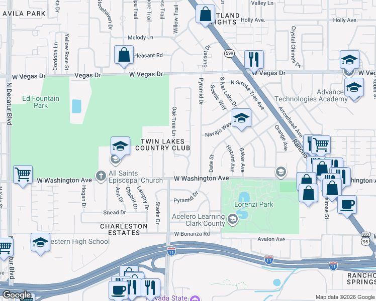 map of restaurants, bars, coffee shops, grocery stores, and more near 1009 Woodbridge Drive in Las Vegas