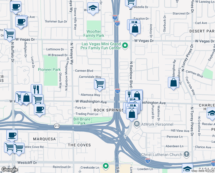 map of restaurants, bars, coffee shops, grocery stores, and more near 1028 Willow Tree Drive in Las Vegas