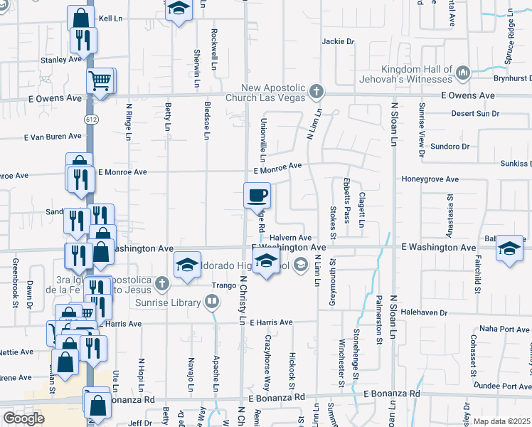 map of restaurants, bars, coffee shops, grocery stores, and more near 1280 Jarbridge Road in Las Vegas