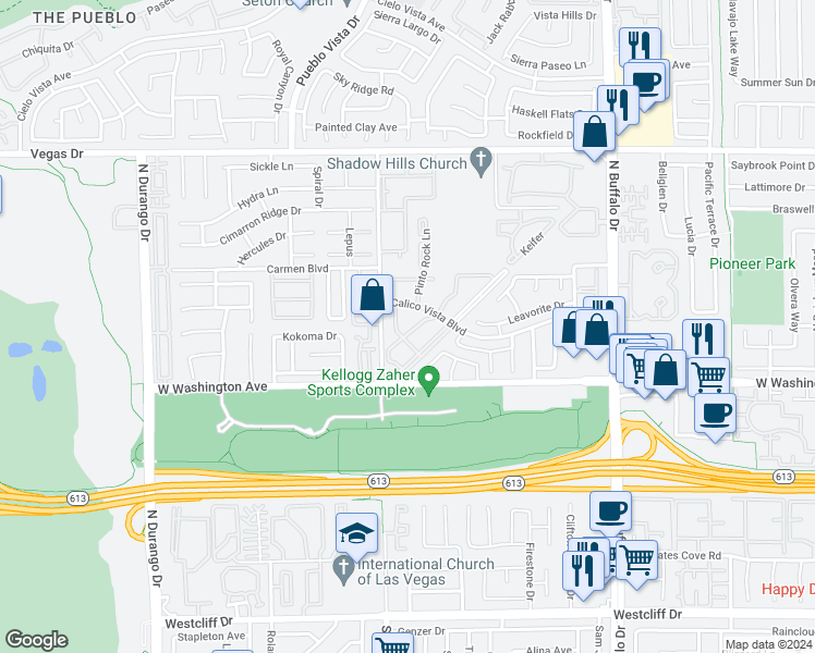 map of restaurants, bars, coffee shops, grocery stores, and more near 925 Falconhead Lane in Las Vegas