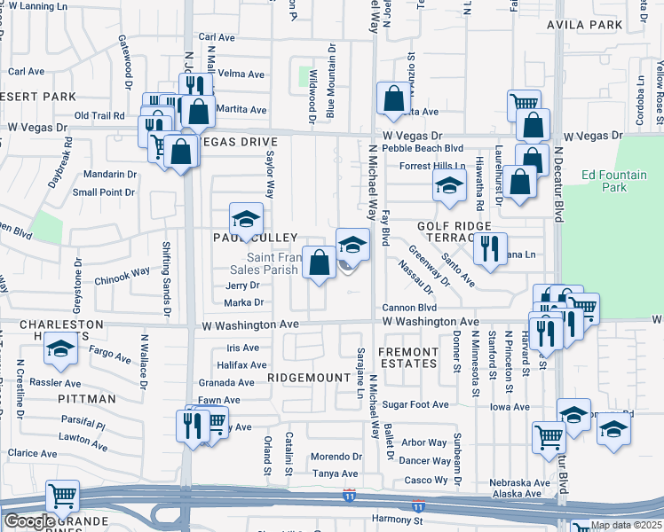 map of restaurants, bars, coffee shops, grocery stores, and more near 1111 Michael Way in Las Vegas