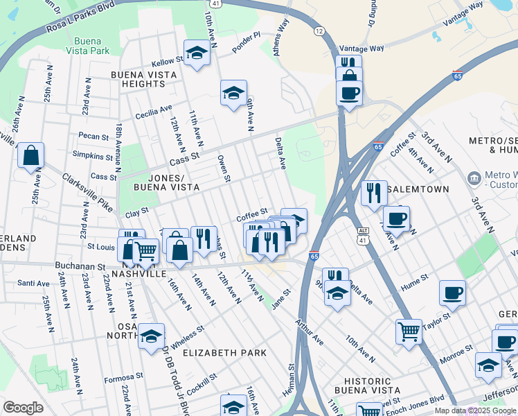 map of restaurants, bars, coffee shops, grocery stores, and more near 906 Coffee Street in Nashville