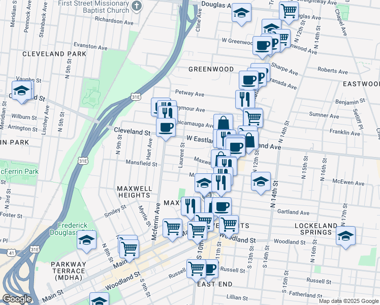 map of restaurants, bars, coffee shops, grocery stores, and more near 1007 Maxwell Avenue in Nashville