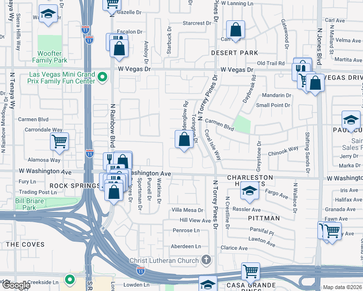 map of restaurants, bars, coffee shops, grocery stores, and more near 6512 Rain Forest Drive in Las Vegas