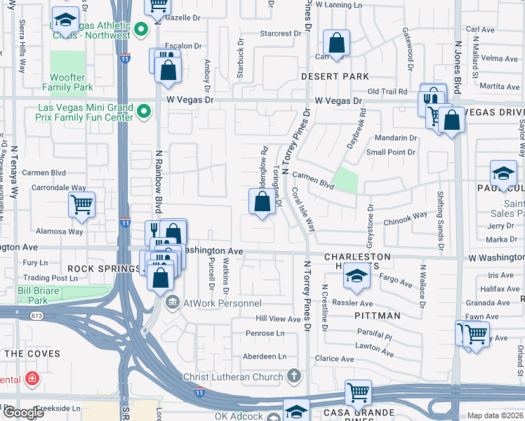 map of restaurants, bars, coffee shops, grocery stores, and more near 6512 Rain Forest Drive in Las Vegas