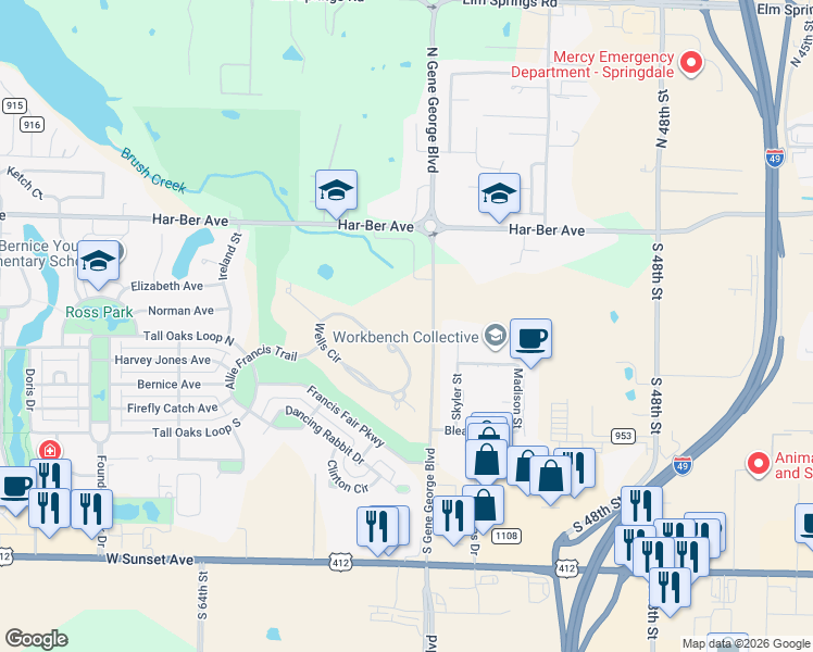 map of restaurants, bars, coffee shops, grocery stores, and more near 6058-6298 Wells Circle in Springdale