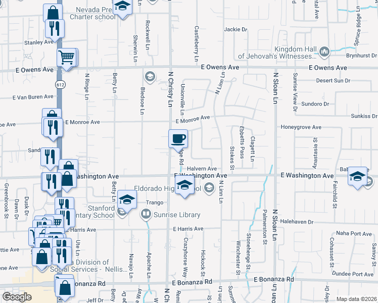 map of restaurants, bars, coffee shops, grocery stores, and more near 1281 Challenge Lane in Las Vegas