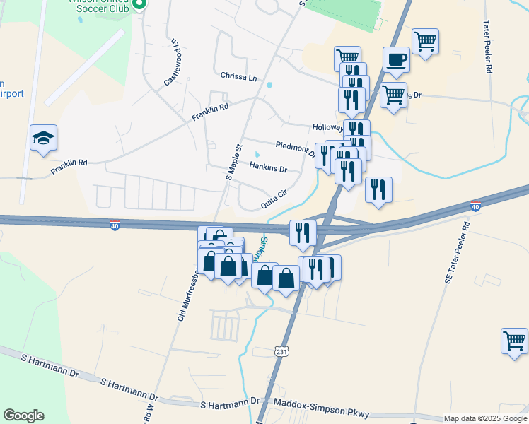 map of restaurants, bars, coffee shops, grocery stores, and more near 141 Quita Circle in Lebanon