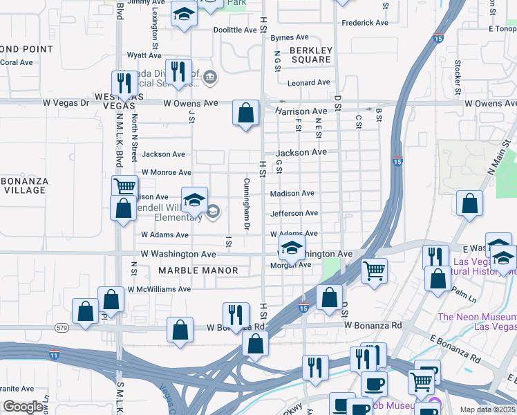 map of restaurants, bars, coffee shops, grocery stores, and more near 1109 H Street in Las Vegas