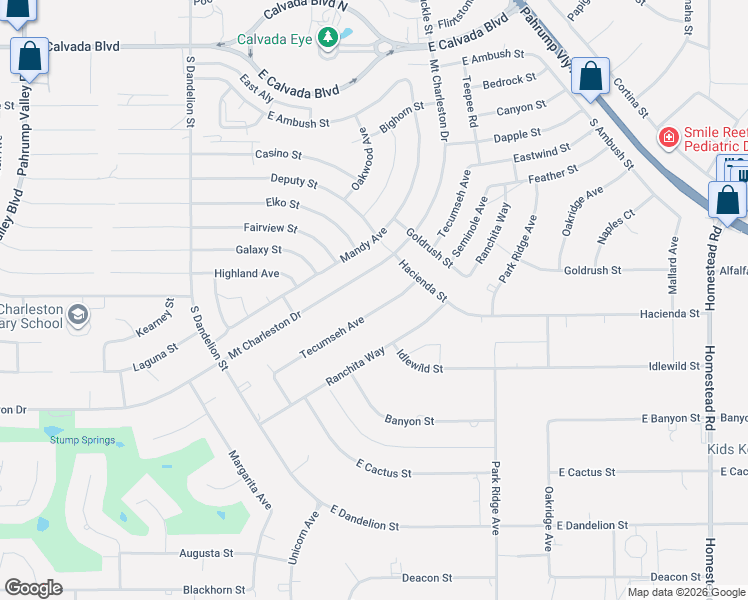 map of restaurants, bars, coffee shops, grocery stores, and more near 2530 Tecumseh Avenue in Pahrump