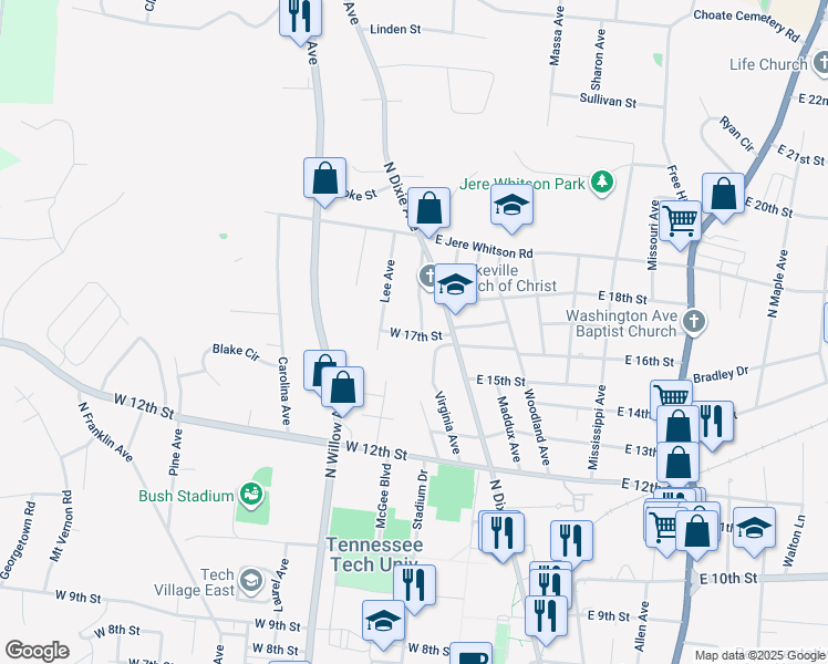 map of restaurants, bars, coffee shops, grocery stores, and more near 201 West 17th Street in Cookeville