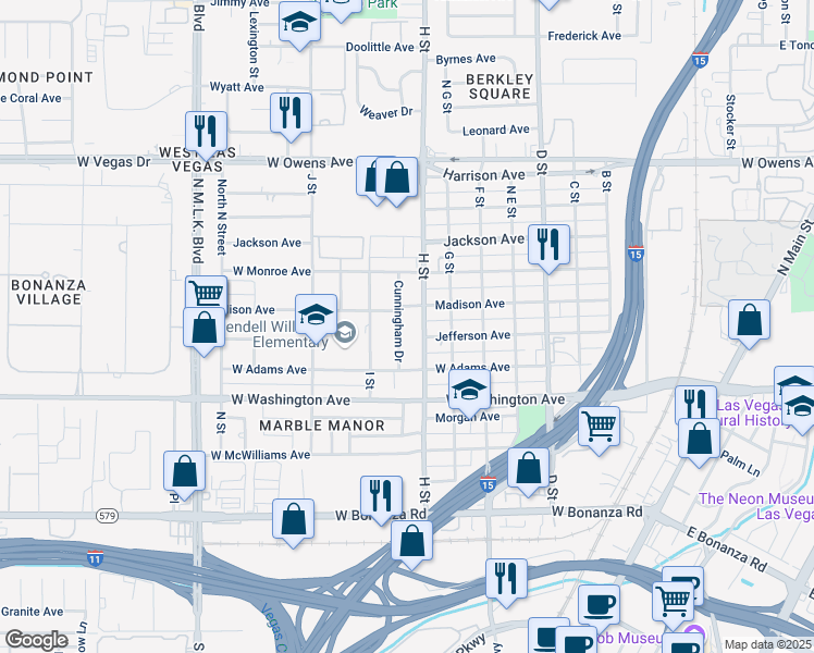 map of restaurants, bars, coffee shops, grocery stores, and more near 1108 Cunningham Drive in Las Vegas