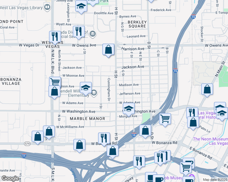 map of restaurants, bars, coffee shops, grocery stores, and more near 1103 H Street in Las Vegas