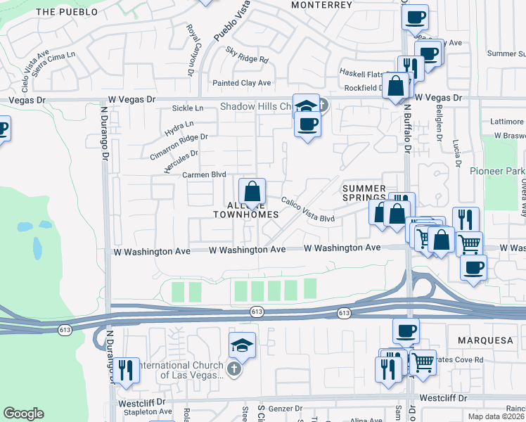 map of restaurants, bars, coffee shops, grocery stores, and more near 929 Boulder Mesa in Las Vegas