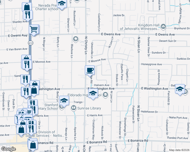 map of restaurants, bars, coffee shops, grocery stores, and more near 1281 Challenge Lane in Las Vegas