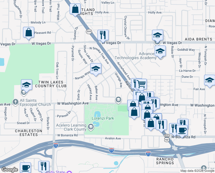 map of restaurants, bars, coffee shops, grocery stores, and more near 1101 Silver Lake Drive in Las Vegas