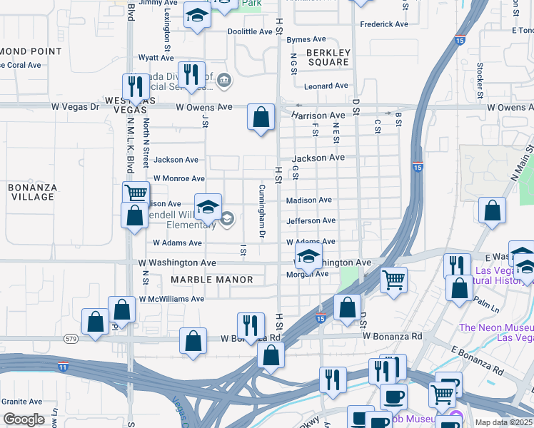 map of restaurants, bars, coffee shops, grocery stores, and more near 1108 Cunningham Drive in Las Vegas